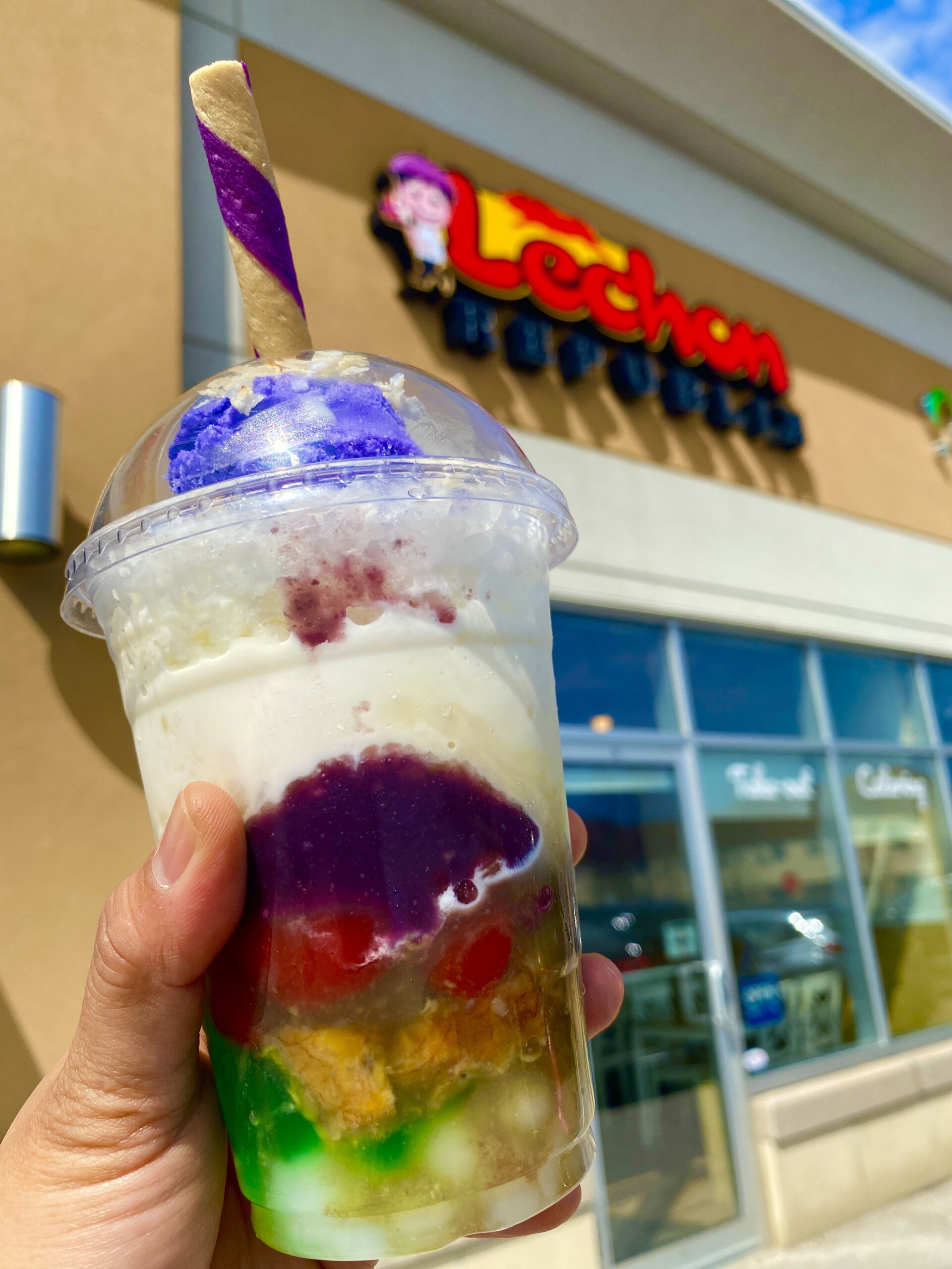 A halo-halo dessert is shown with Lechon Republik in the background