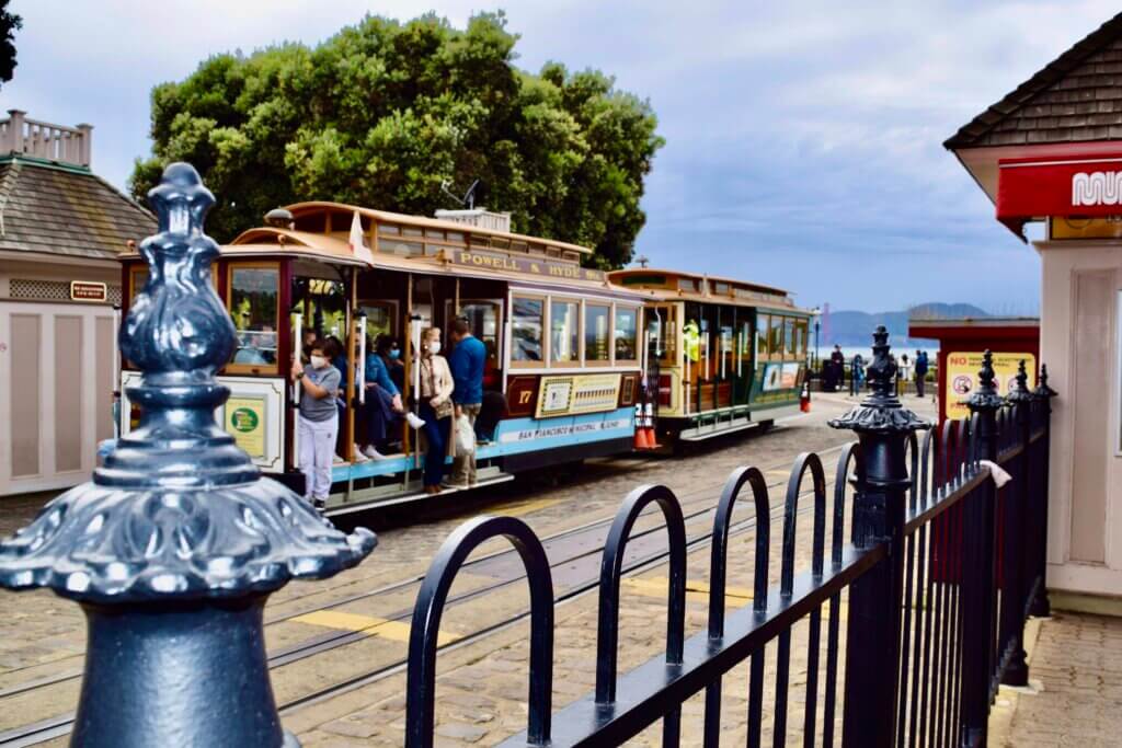 A San Francisco cable car awaits passengers