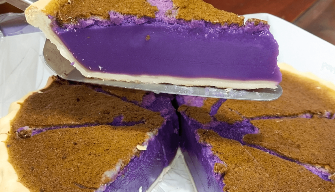 A slice of very vivid purple ube pie.