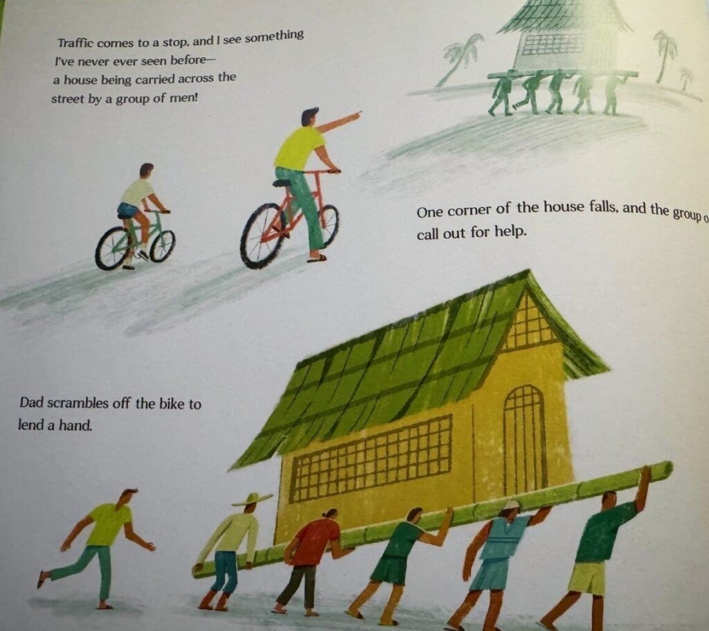 Illustrations from the book Riding through the ricefields show the concept of bayanihan. Photo by Kimberly Lopez